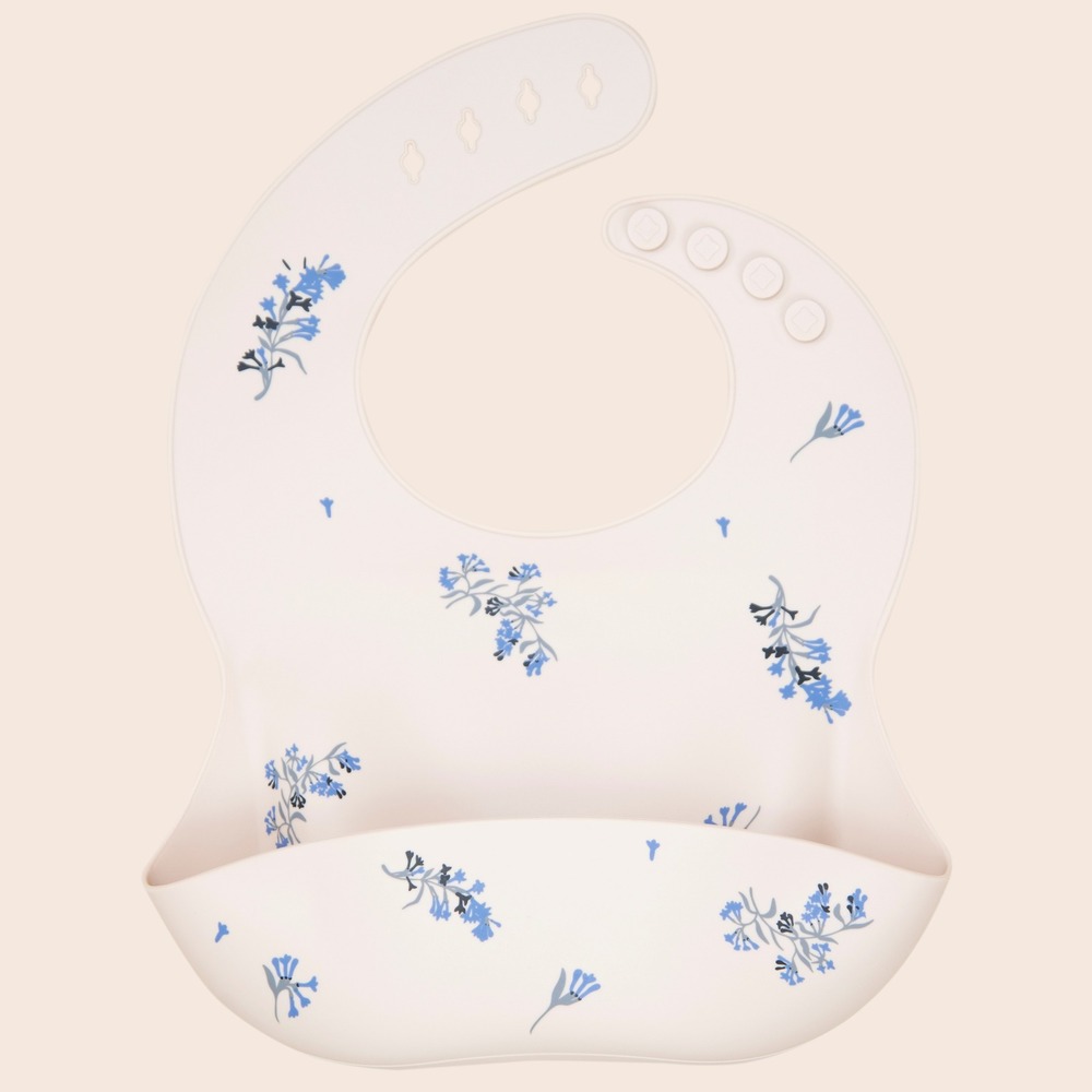 Silicone Baby Bib Forget Me Not Blue Floral Cream Waterproof Adjustable